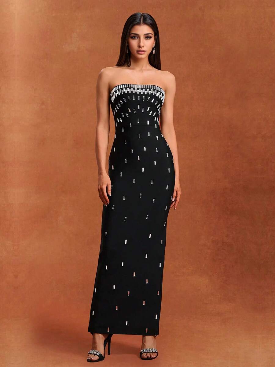 Solid Color Strapless Sparkling Rhinestone Embellished Fitted Women's Dress Black Party Wedding Fall - Black - View 1
