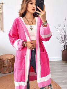 Elegant European & American College Style Plus Size Women's Knit Hooded Cardigan, Buttonless Open Front Pink Fall - Pink - View 4