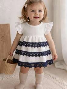 Girls White Lace Cake Dress, Summer Cap Sleeve Baby Princess Dress With Navy Blue Ruffle - White - View 1