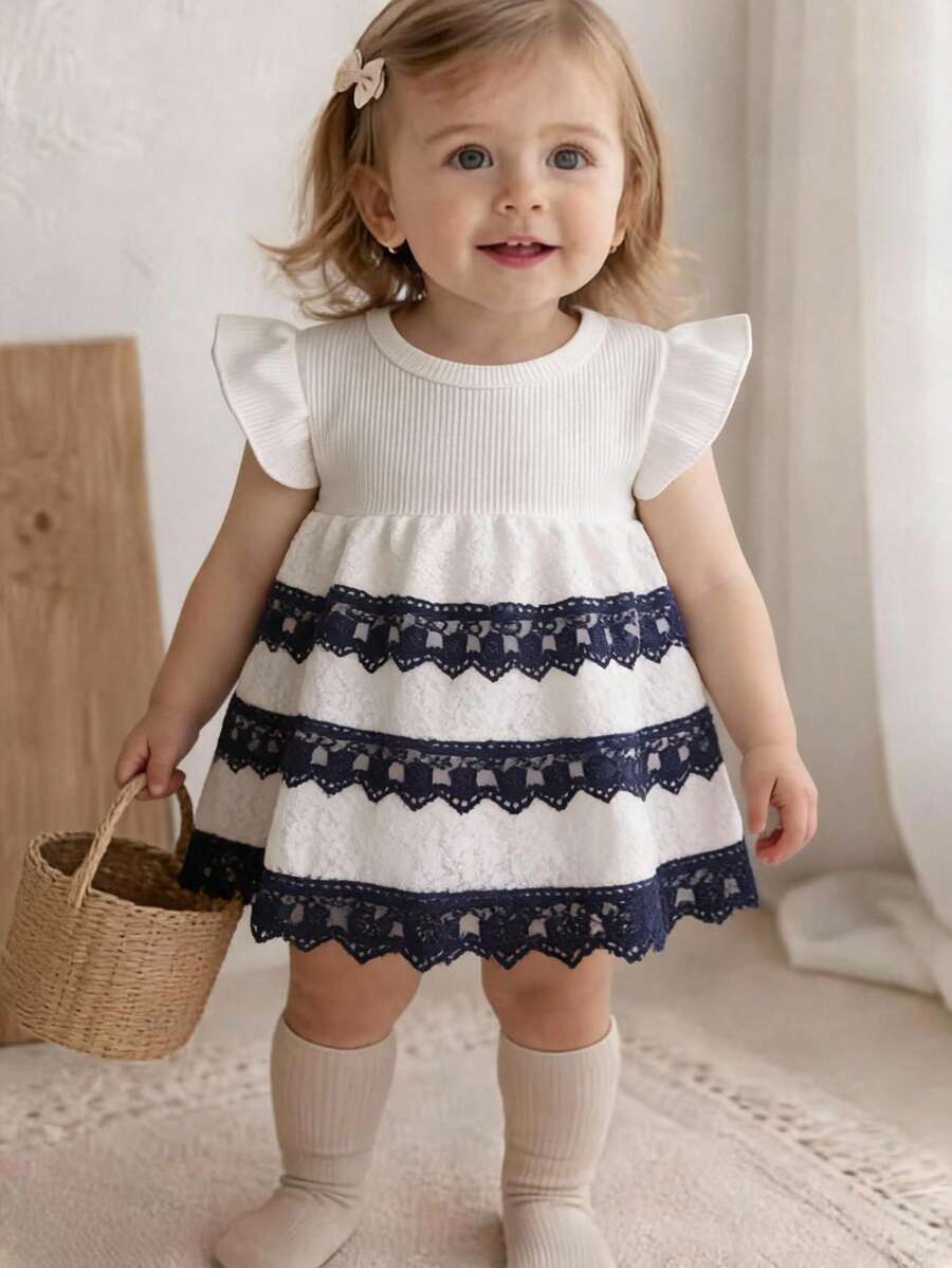Girls White Lace Cake Dress, Summer Cap Sleeve Baby Princess Dress With Navy Blue Ruffle - White - View 1