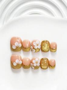 10片裝紋理極簡風手工穿戴甲，Polygel美甲套組，手繪花卉圖案，白色與黃色指甲油，名媛風，附美甲工具，3種尺寸可選，方形、短方形、杏仁形，適合派對、舞蹈、日常配戴 - 彩色 - 查看 13