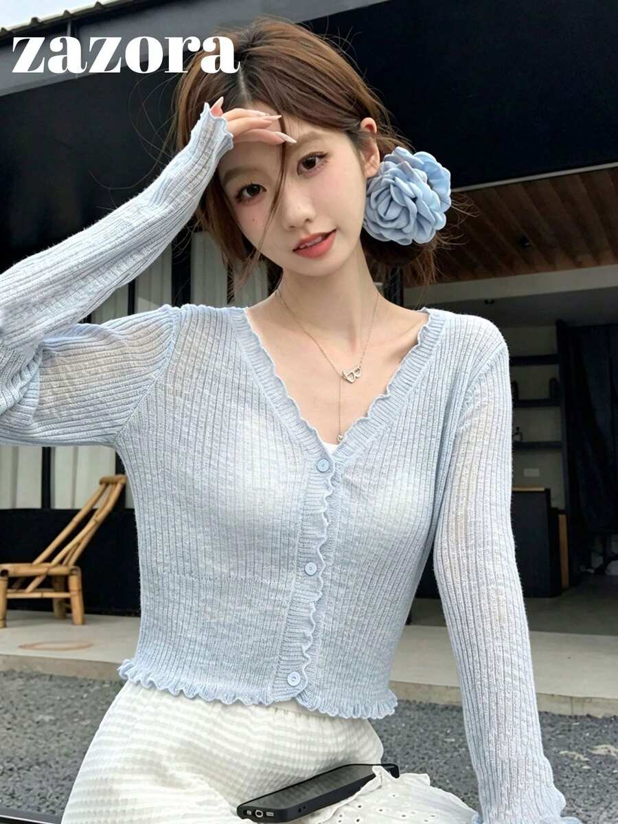 Ice Silk Long Sleeve Cardigan With Frill Trim V-Neck Short Length Lightweight Breathable Sun Protection Top For Early Autumn - Blue - View 1