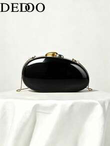 Women's Evening Clutch, Solid Color Hard Shell, Dual-Tone Metal Clasp, Detachable Chain Strap, Fashionable Portable Hard Shell Wallet, Suitable For Weddings, Parties, Balls - Black - View 9