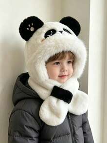 1pc Kids Cute Panda Embroidery Faux Plush Warm Windproof One-Piece Set, Autumn/Winter Outdoor Daily Wear - Multicolor - View 1