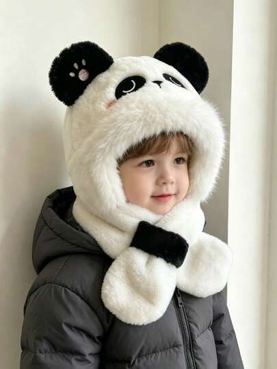 1pc Kids Cute Panda Embroidery Faux Plush Warm Windproof One-Piece Set, Autumn/Winter Outdoor Daily Wear