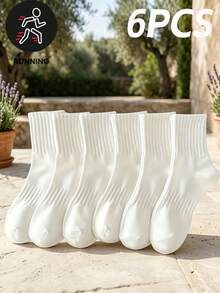 6 Pairs Solid Color Ribbed Mid-Calf Socks, Comfortable And Breathable, Machine Washable And Dry Cleanable, Multiple Colors Available For Women - White - View 2
