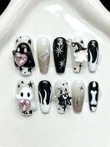 10 piezas de uñas postizas de forma de ataúd corta hechas a mano, arte de uñas blanco y negro, estilo dulce y fresco con patrón de pequeño fantasma lindo, hechas a mano, fáciles de usar, adecuadas para niñas y mujeres para fiestas festivas y uso diario - Blanco y Negro - Ver 12