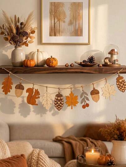 1/2pcs Autumn Wooden Wreath DIY Set, Maple Leaf Squirrel Acorn Pine Cone Wall Banner, Rustic Farmhouse Harvest Fireplace Mantel Decor, Christmas Halloween Thanksgiving Seasonal Home Decoration, Indoor Party Backdrop Hanging Ornament
