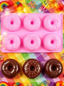 Multi-Pattern 6-Cavity Round Donut Mold, 3D Highly Attractive Homemade Fancy Donut Dessert, Pink Family Party DIY Baking Silicone Mold, Suitable For Dessert Making, Cake Decoration, Party Sweets, Handmade Chocolate, Afternoon Tea Snacks - Multicolor - View 4