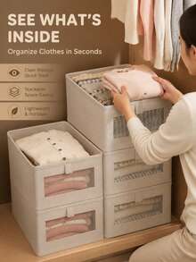 Foldable Linen Fabric Storage Bin With Clear Visible Window, Stackable Open-Top Clothes Organizer Box With Handle, Wardrobe Drawer Organizer For Pants, Shirts And Garments - White - View 1