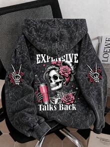 1 buah Sweatshirt Hoodie Longgar Wanita Warna Hitam dengan Motif Tengkorak dan Mawar di Bagian Belakang dan Lengan, Motif Pembicaraan Mahal di Belakang, Sweatshirt Streetwear - Hitam - View 5