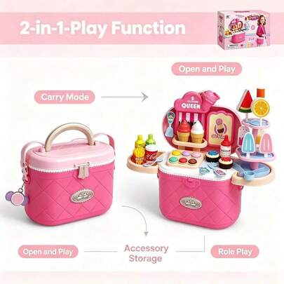 Juguete de juego de rol 2 en 1 de maleta de postres y helados para niños, set realista de helados, pasteles y aperitivos, diseño de bolsa bandolera portátil, juego de tienda de rol, adecuado para niños y niñas de alrededor de 3 años, opción de regalo de cumpleaños y festivo