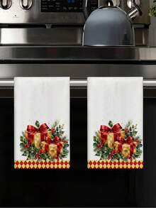 2pcs/4pcs Handuk Dapur Kotak Kado Natal Cat Air, Kotak Kado Pita Merah, Ranting Pinus Holly, Cetakan Buah Beri Merah, Pinggiran Pola Berlian Merah & Kuning, Handuk Tangan Liburan, Handuk Dekorasi Dapur dan Kue - MultiWarna - View 6