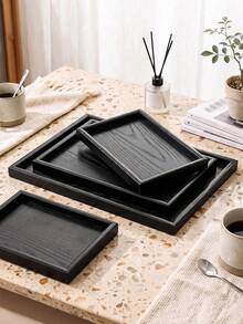 1pc/2pcs Wooden Serving Tray Set, Rectangular Wood Decor Tray For Kitchen Dining Table, Coffee Table, Countertop, Breakfast Tea Snack Platter, Bathroom Vanity Perfume Cosmetic Storage Organizer Tray - Black - View 3