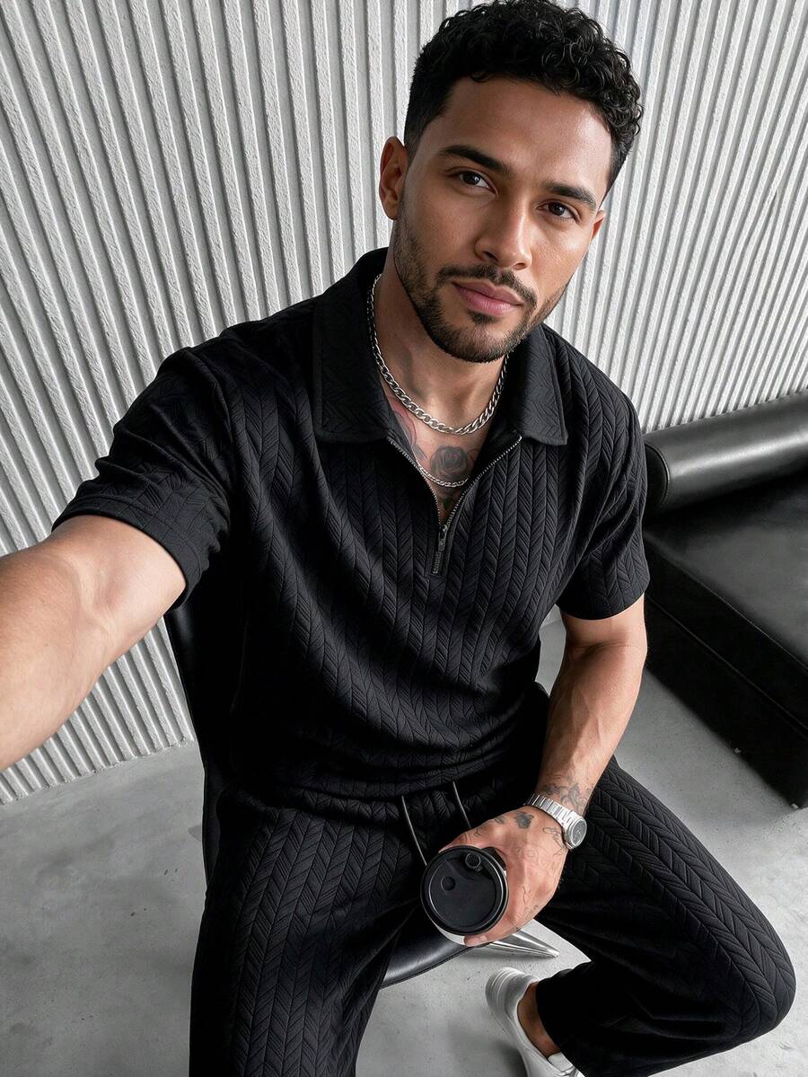 GRDR Textured Men's Casual Everyday Minimalist Solid Color Drawstring Short Sleeve & Long Pants 2-Piece Set - Black - View 1