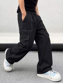Men's Black Cargo Pants, Loose Wide Leg Casual Long Pants, Multi-Pocket Cargo Pants, Contrast Stitching, Drawstring Waist, Streetwear Style Sports - Black - View 1