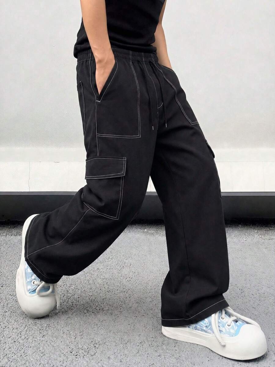 Men's Black Cargo Pants, Loose Wide Leg Casual Long Pants, Multi-Pocket Cargo Pants, Contrast Stitching, Drawstring Waist, Streetwear Style Sports - Black - View 1