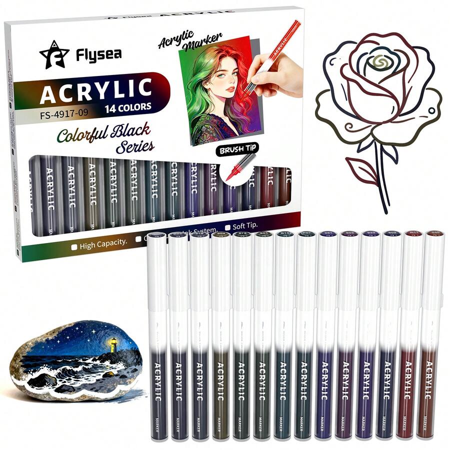 Flysea New Colorful Series 14pcs/Box, Vibrant Macaron Dopamine Gray Blue Green Brown And More Professional Acrylic Marker Pens, New Free Ink System, Multiple Color Combinations Available, Newly Launched, Better Quality, Smoother Writing Experience, Specially Designed For Professional Artists - Sets - View 1