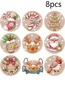 8/16pcs Winter Christmas Diamond Coaster Painting Set - Winter Christmas Pattern, Non-Slip Round Coasters, DIY Mosaic Handmade Full Round Crystal Rhinestone Heat-Resistant Coasters, Kitchen & Dining Room Decor, Suitable For Home Life, Handmade Gift, Christmas Gift - A - View 11