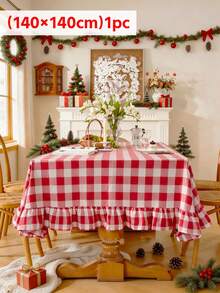 1pc Vintage Red & White Plaid Ruffle Edge Christmas Tablecloth, Cabinet/Coffee Table/TV Dust Cover, Suitable For Holiday Celebrations, Home Dining, Themed Parties, Photography Backdrop, Daily Decoration - Red - View 10
