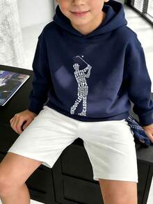 Boys' Golf Player Text Silhouette Graphic Sweatshirt, Loose Fit Long Sleeve Pullover Sweatshirt, Casual Autumn/Winter Style For 8-14 Years Old - Navy Blue - View 8