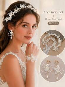 4pcs Floral Bridal Hair Accessories And Clip Earrings Set, Organza Ribbon Tassel Pearl Flower Wedding Headband, Elegant Bridal Hair Accessory Set - Multicolor - View 2
