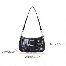 Black Star Pattern Denim Shoulder Bag, Unique Buckle Chain Baguette Bag, Vintage Niche Shoulder/Crossbody Bag - Multicolor - View 2