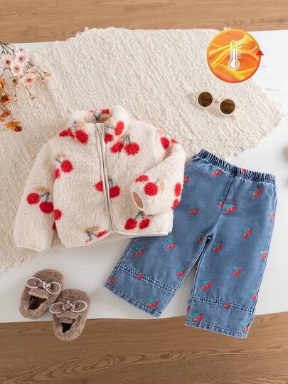 Baby Girl Winter Sweet & Stylish Cherry Fleece 2 Pieces Set, Stand Collar Zipper Lambswool Jacket With Cherry Print, Paired With Cherry Wide Leg Pants, Soft & Warm Fabric, Loose Fit, Sweet & Cute, Suitable For Daily Wear