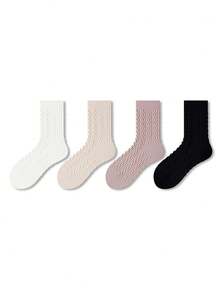 ZUJO 4 Pairs Women's Mid-Calf Socks, Solid Color With Cable Knit Texture, Suitable For Autumn/Winter Daily Wear, Minimalist And Comfortable, Suitable For 5-15°C, Random Color - Multicolor - View 6