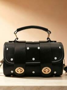 PU Women's Shoulder Crossbody Bag Cute Polka Dot Double Belt Decor Handbag Multi-Use Storage Holiday Gift Birthday Present Small Bag - Black - View 7