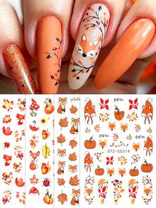 FULL BEAUTY 2/4pcs Autumn Red Maple Leaf & Fox Nail Stickers, Includes Floral, Pumpkin, Red Fox, Autumn Leaves, Colorful Lights Nail Decals, Autumn Nail Art Decoration DIY Thanksgiving Nail Supplies - Multicolor - View 3