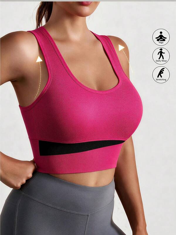 Women Racerback Color Block Sports Bra, Fuchsia & Black, Ribbed Quick Dry Mesh Fabric, High Support Stretch Athletic Crop Top For Gym Workout Training