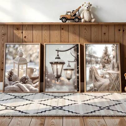 Juego de 3 láminas para pared de galería navideña, impresiones de arte de paisaje urbano invernal, póster de luces navideñas melancólicas, paisaje invernal nevado de cabaña, arte de pared festivo para la temporada navideña, decoración navideña neutra y nostálgica, sin marco