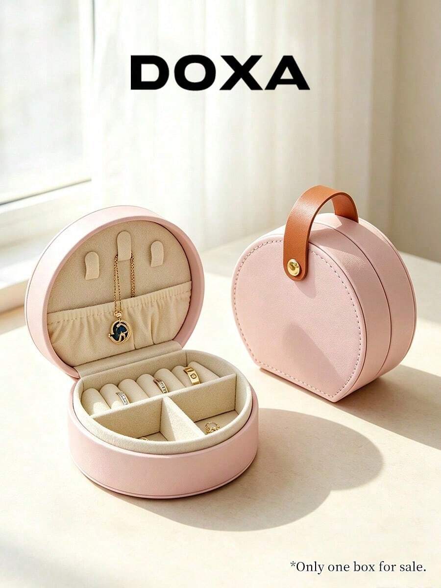 DOXA Mini Portable Leather Jewelry Box With Handle, Travel Ring Necklace Earring Storage Organizer - Pink - View 1