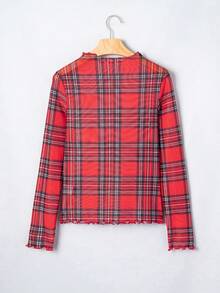 Acelitt Spring/Autumn Vintage Y2K Cropped Fitted Small Stand Collar Ruffle Hem Plaid Print Long Sleeve Sheer Mesh Top, Suitable For Party And Daily Wear - Red - View 6