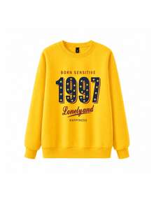 Minimalist Letter Print Autumn/Winter Lazy Loose Long Sleeve Crew Neck Sweatshirt For Women, Streetwear Style Top - Yellow - View 6