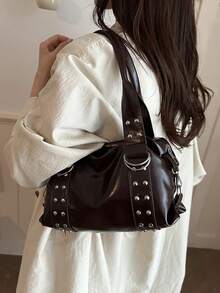 Korean Style Rivet Textured Commuter Work 2026 Large Capacity Hot Girl Motorcycle Handbag Shoulder Underarm Bag - Coffee - View 7