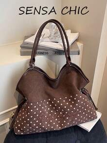 Korean Style Gentle Polka Dot Tote Bag, Suede Texture Patchwork Body, 3D English Embroidery, Drawstring Closure, Adjustable Shoulder Strap, Student Commuter Shoulder Bag - Coffee - View 9
