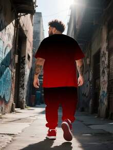 Plus Size Men's Black & Red Gradient PARIS Letter Casual 2-Piece Set, Short Sleeve Top & Long Pants - Multicolor - View 2