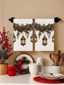 2pcs/4pcs Vintage Christmas Lantern Kitchen Towels, Watercolor Holly Red Berry Blue Berry Pine Cone Pine Branch Print, Country Style Christmas Hand Towels, Kitchen Baking Decorative Towels - Multicolor - View 1