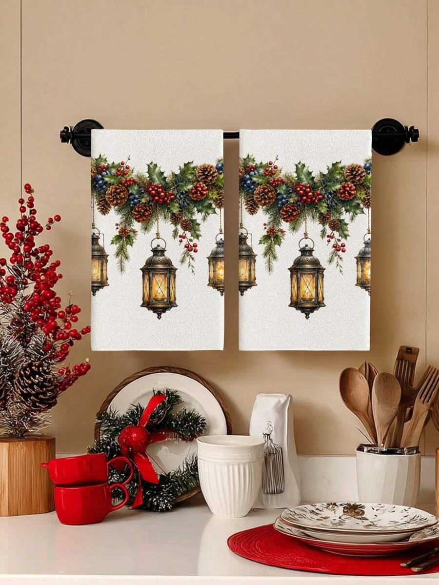 2pcs/4pcs Vintage Christmas Lantern Kitchen Towels, Watercolor Holly Red Berry Blue Berry Pine Cone Pine Branch Print, Country Style Christmas Hand Towels, Kitchen Baking Decorative Towels - Multicolor - View 1