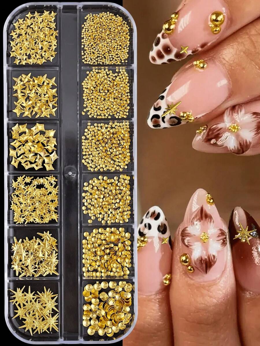 12-Grid Mixed 3D Metal Caviar Beads Nail Art Decoration Set (Stars & Metal Rivets), Cool Punk Y2K Style Rhinestone Nail Art Decor, Suitable For DIY Nail Art & Handmade Decoration - Gold - View 1
