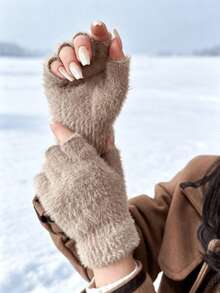 1 Pair Of Women's Open Finger Knitted Plush Gloves, Suitable For Winter Travel Essential Warmth, Used For Daily Office Writing - One Size - View 5