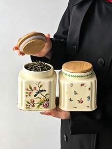 1pc French Vintage Floral Ceramic Storage Jar, Multi-Purpose Square Shape With Round Lid, Round Ceramic Airtight Canister, Coffee Bean Container, Suitable For Kitchen Spices, Coffee, Grains, Candy, Cookies, Home Kitchen Table Decor - Multicolor - View 2