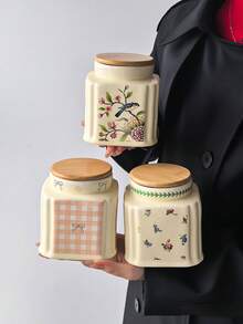 1pc French Vintage Floral Ceramic Storage Jar, Multi-Purpose Square Shape With Round Lid, Round Ceramic Airtight Canister, Coffee Bean Container, Suitable For Kitchen Spices, Coffee, Grains, Candy, Cookies, Home Kitchen Table Decor - Multicolor - View 5