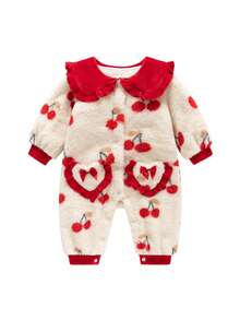 Baby Cute Cherry Pattern Pocket Romper Long Sleeve Autumn/Winter Outfit For Girls - Red - View 2