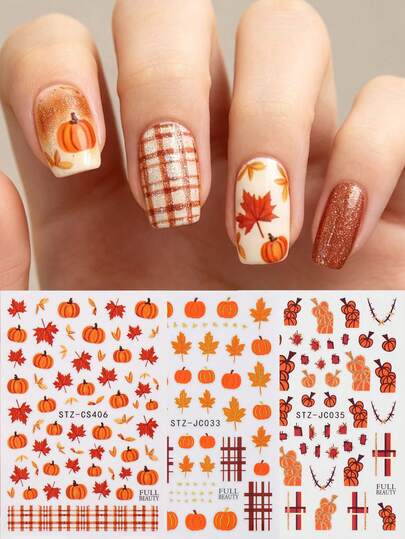3pcs Autumn Pumpkin & Maple Leaf Nail Art Foil Stickers, Cute Watercolor Leaf Nail Decals, DIY Harvest Festival Nail Sliders, Thanksgiving Nail Supplies