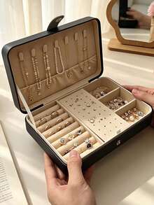 1pc Large Capacity Jewelry Box, PU Leather Jewelry Box, Portable Travel Jewelry Storage Box, Multi-Layer Jewelry Display Box, Compact Earring & Ring Box, Jewelry Organizer, Women's Gift Box, Travel Essential - Multicolor - View 3
