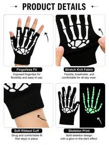 1 Pair Halloween Glow-In-The-Dark Skeleton Fingerless Knit Gloves, Ghost Hand Cosplay Party Costume Accessory - A - View 4