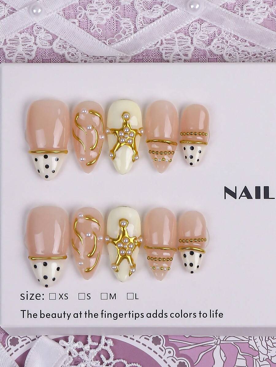 10pcs Handmade Medium Almond Shaped Classic French Press-On Nails, Y2K Style, Nude Color, Polka Dot French, Pearl Metallic Decor, Vintage Elegant Manicure, Suitable For Party, Daily Wear, Comes With Full Set Of Nail Tools, Perfect Gift For Women - Multicolor - View 1